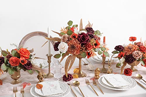 Artificial Flowers Combo Box Set Silk Fake Flowers with Foliage for DIY Wedding Bouquet Cake Flower Table Centerpieces - color: Orange & Burgundy