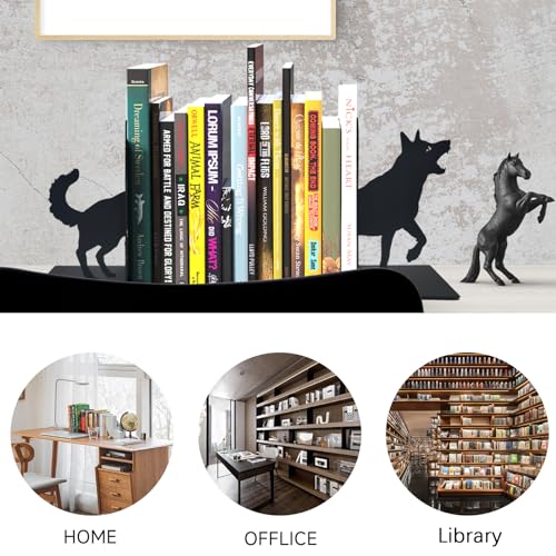 ENCIMART Wolf Book Ends Decorative for Shelves, Black Metal Bookend Supports for Heavy Books, Book Stoppers for Home Office Desktop Organizer for Men and Book Lovers Gift - color: Wolf