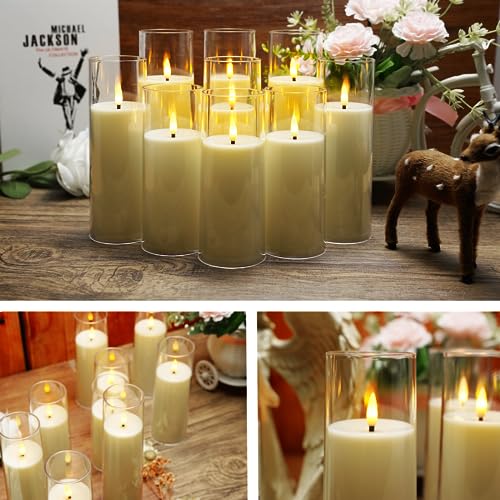 kakoya Flickering Flameless Candles Battery Operated with Remote and 2/4/6/8 H Timer Plexiglass Led Pillar Candles Pack of 9(D2.3 xH5.5 6.5" 7.5") with Realistic 3D Wick Candles for Home Decor(Ivory) - color: Ivory
