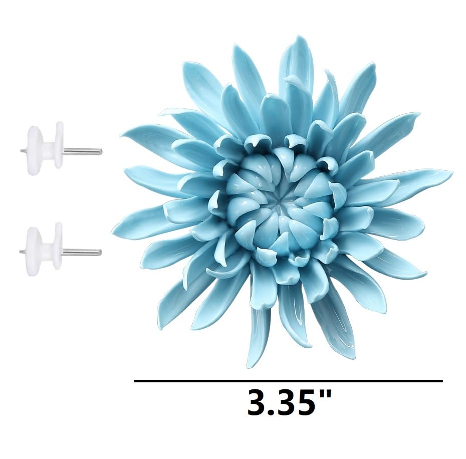3.35" Ceramic Flower Wall Art, Artificial 3D Flower Wall Art，Handmade 3D Wall Art Hanging Sculpture， Porcelain Flower Wall Décor,Handmade Porcelain Flower Decoration for Home Office Decor (Blue，Chrysanthemum) - color: Blue