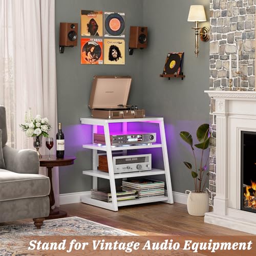 Armocity 4-Tier AV Media Stand with Power Strips, Stereo Stand with LED Lights, Audio Tower Rack with Adjustable Shelves, Small Entertainment Center, 30'', White - color: White, size: 30" (H)
