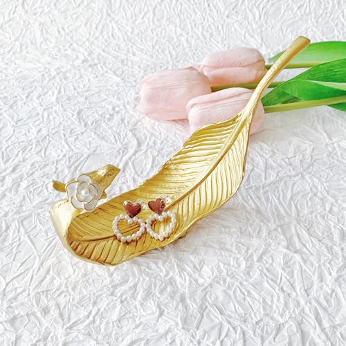 Small Leaf Shaped Trinket Dish, Decorative Gold Jewelry Dish Tray, Ring Hodler Dish Jewelry Organizer - color: Bay Leaf with Bird