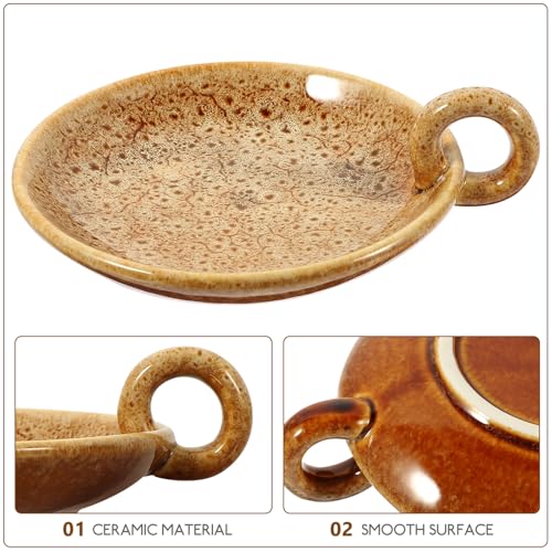 Veemoon Vintage Ceramic Candlestick Holder Farmhouse Candle Tray with Handle Round Pottery Sage Burning Plate Table Aromatherapy Holder for Spa Meditation Home Decor (5.7 * 1.7Inch, Khaki)