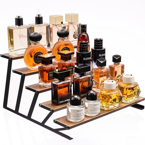 KALYLOC 5 Tier Wooden Display Riser Stand 13.8 Inch Metal Step Perfume Stand Organizer Tabletop Tiered Display Shelf Rack for Cologne Cupcake Spice Figures Cosmetics Candles (Brown, Z-Shape) - color: Brown, size: 5 tier-Z shape