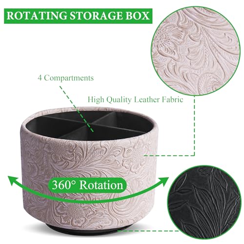 lizimandu Round Leather Art Supply Organizer,Remote Control Holder,360 Degree Spinning,Multi-Functional Pencil Holder,4 Compartments Desktop Stationary Organizer(1-Carved White) - color: 1-Carved White