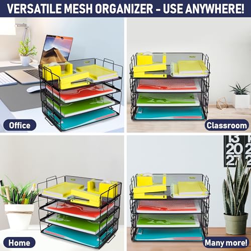 Stackable Paper Tray Desk Organizer, 4-Tier Metal Mesh Letter Organizers for Business, Home, School, or Store Use, Organizes Files, Folders, Letters, Paper, Binders, Multi-Functional Desktop Storage - color: Black