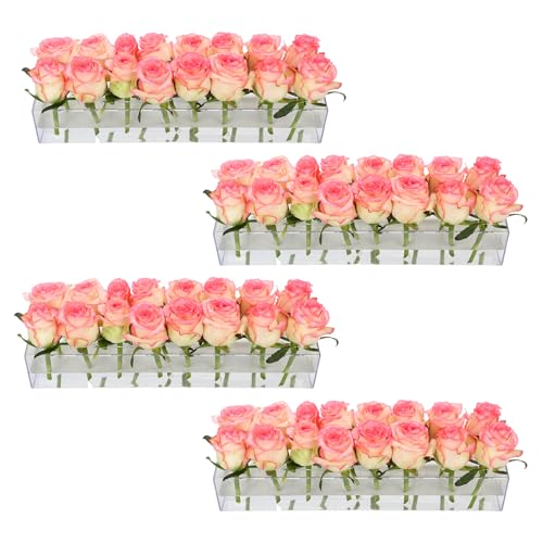 4 Pack Clear Acrylic Flower Vase Centerpiece for Dining Table,63.2 Inch Rectangular Floral Low Vases with 64 Holes for Dining Table Modern Flower Arrangement for Home Decor or Weddings - size: 4Pcs