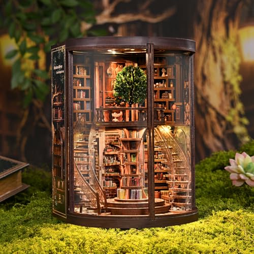 Book Nook Kit for Adults & Teens – DIY Miniature House Library, Wisdom Ring Library 3D Wooden Puzzle Bookend Bookshelf Insert with LED Light, Dollhouse Craft Kit for Decor & Gifts