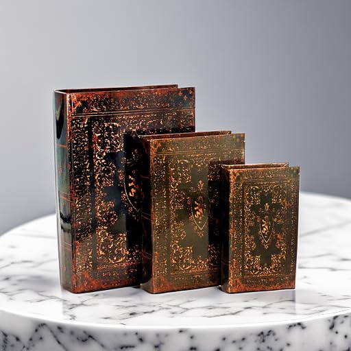 Bellaa Decorative Book Box Antiques Vintage Retro Invisible Secret Storage Faux Leather Wood Magnetic Set of 3 (Gold Foil A) - style: Gold Foil A