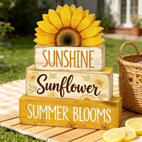 4 Pcs Sunflower Decor Faux Book Stack Blocks Farmhouse Tiered Tray Decor Summer Decorations for Home Kitchen Table Rustic Sunflower Kitchen Decor - style: Sunflower