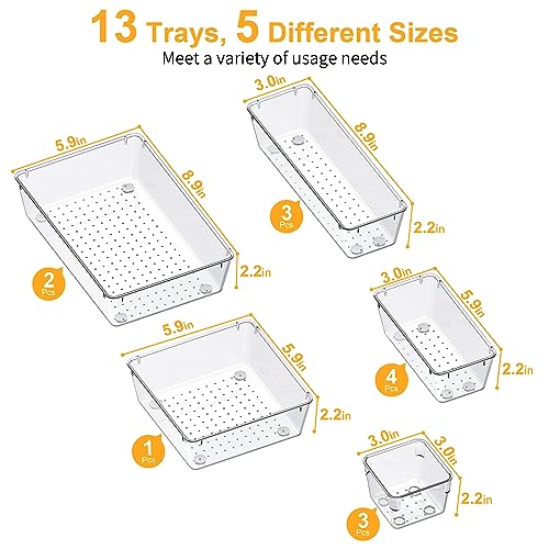 SMARTAKE 13-Piece Drawer Organizers with Non-Slip Silicone Pads, 5-Size Desk Bathroom Drawer Organizer Trays Storage Tray for Makeup, Jewelries, Utensils in Bedroom Dresser, Office and Kitchen, Clear - size: 13 PCS