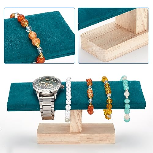 NBEADS Wooden Watch Display Stand, Green Velvet T-Bar Bracelet Holder Jewelry Organizer Stand Removable Bangle Pendants Anklet Tower Rack for Home Use, Retail Display Selling - color: Green