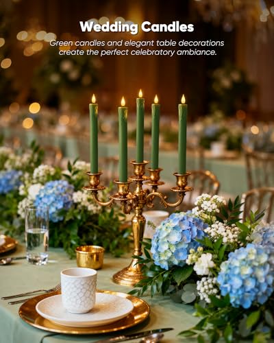 Homemory 6 Pcs Real Wax Green Flameless Taper Candles with Remote Timer, 9.6 Inches LED Fake Candlesticks, LED Candle with 3D Flickering Flame for Romantic Wedding, Dinner, Xmas Anniversary Decor - style: Nature - Green 9.6"