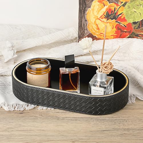 Hipiwe PU Leather Valet Trays Colognes Organizer Perfume Tray for Men, Modern Nightstand Bedside Storage Tray, Black Key Holder Bowl for Entryway Decorative Catchall Trays for Keys, Watch, Wallet - color: Black