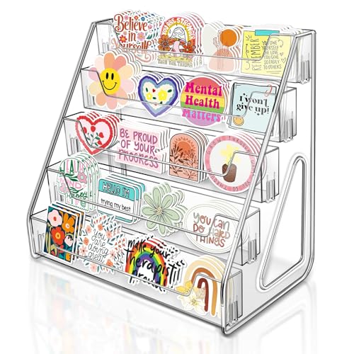 Tall 5-Tier Acrylic Card Display Stand for Greeting Cards, Sports Cards, Postcards, Stickers & Brochures, Easy Snap-On Sticker Display Rack