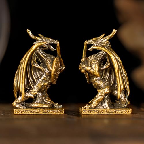 CHOVY Retro Handcrafted Dragon Knight Statue - 100% Solid Brass Armored Warrior with Sword & Shield, Vintage Style Collectible Art Piece for Home Unique Gift for Fantasy Lovers & Medieval Collectors - style: Dragon Warrior