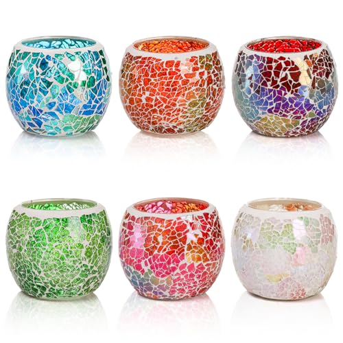 Covzoe 6 Pack Glass Votive Candle Holder, Romantic Stained Mosaic Tealight Holder, Aromatherapy Candle Lamp, Tea Light Holder Cup for Wedding Table Centerpiece, Home Decor, Christmas Party