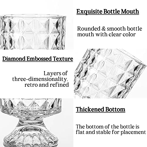 BLOFLO Embossed Glass Vase, 7'' Crystal Glass Vases for Flowers, Pedestal Big Base Glass Bouquet Vase, Hydroponic Glass Transparent Vase for Home Office Wedding Dining Table Party - color: Diamond Pattern