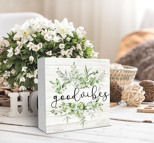 SRADMO Inspirational Botanical Eucalyptus Leaves Wood Box Sign Desk Decor, Green Rustic Eucalyptus Leaves Wooden Block Box Sign Decor for Home Office Shelf Table Decorative Accessories - color: green, size: 5″×5″