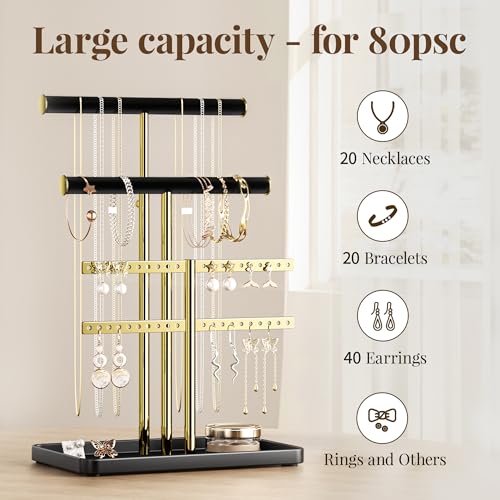 pickpiff Jewelry Holder Organizer with Velvet, Adjustable 10"-17" Tall, Metal Stand for Display Bracelet, Necklace, Earrings, Rings, Black and Gold - color: Gold and Black