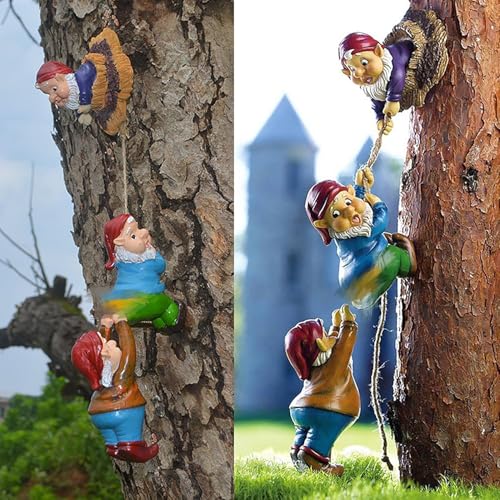 Teaeeno Gnome Climbing Tree and Tree Stump Decor,Garden Gnome Statue Set,Vivid Fairy Gnome Outdoor Sculpture,Whimsical Gnomes Miniature Figurines,Micro Gnome Landscape Figurine for Lawn Balcony Patio - color: Pink