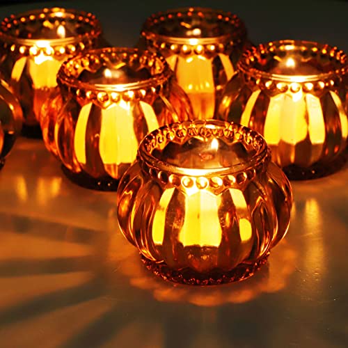Woho Amber Tealight Candle Holder Set of 6, Tea Lights Candle Holder for Wedding Table, Glass Candle Holders Bulk for Home Decor - color: Amber