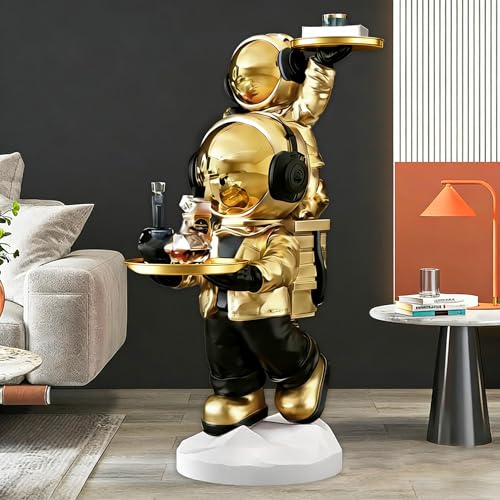 Large Astronaut Statue, Astronaut Sculpture, Astronaut Decoration, Cool Metal mask Decor, Floor Sculpture, Suitable for Living Room, Bedroom, Stores, etc., Tray can be Used for Storage - color: Matte Gold