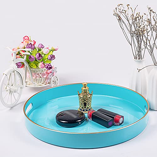 MAONAME 13-inch Light Blue Round Tray, Modern Decorative Tray for Coffee Table, Blue Serving Tray with Handles, Plastic Circle Tray for Ottoman, Bathroom, Decor - color: Light Blue, size: 13" x 13" x 1.6"