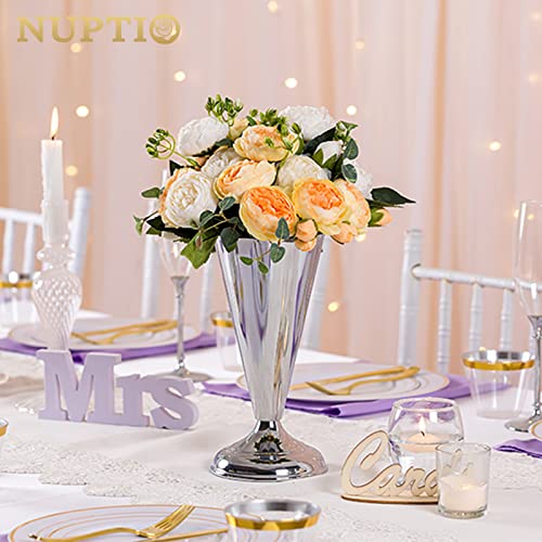 2 Pcs Tabletop Silver Metal Wedding Flower Trumpet Vase, 9.8 inch Table Decorative Centerpiece Artificial Flower Arrangements for Anniversary Ceremony Party Birthday Event Aisle Home Decoration - color: Silver, size: 9.8 inch x 2 Pcs