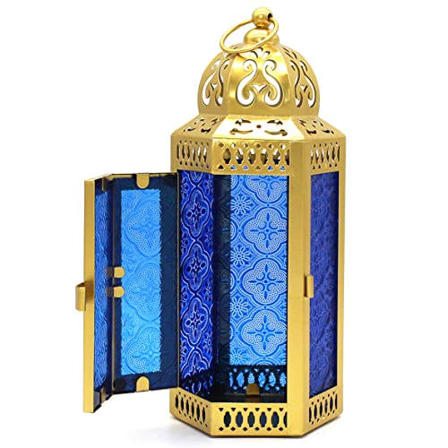 CVHOMEDECO. Decorative Candle Lantern Moroccan Lanterns Vintage Golden Metal Lantern Holder for Home Patio Outdoor Decor. Cobalt Glass, Medium - color: Cobalt G