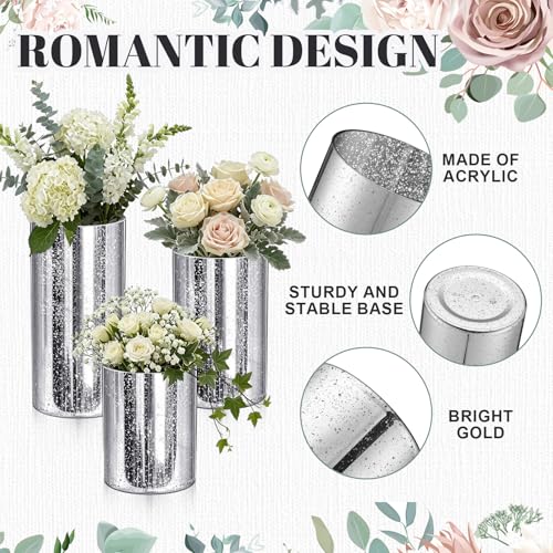12 Pcs Silver Cylinder Vases for Centerpieces Mercury Vase Hurricane Vase Bulk Acrylic Round Wide Container for Flowers Home Office Wedding Table Decorations (4''/6''/8'') - color: Silver, size: 4''/6''/8''