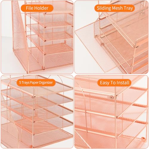 LEKETREE Desk Organizers and Accessories, 5-Tier Paper Letter Tray Organizer with File Holder, Desktop Organizer for Office Supplies (Rose Gold) - color: Rose Gold, size: 12" x 12" x 12"