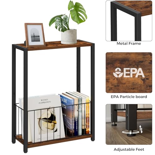 Homleke Narrow Side Table with Magazine Holder, Skinny End Table Perfect for Small Spaces, Space-Saving Design for Living Room, Bedroom, or Office, 7.1" D x 16.9" W x 23.6" H, Rustic Brown - color: Rustic Brown - Standard