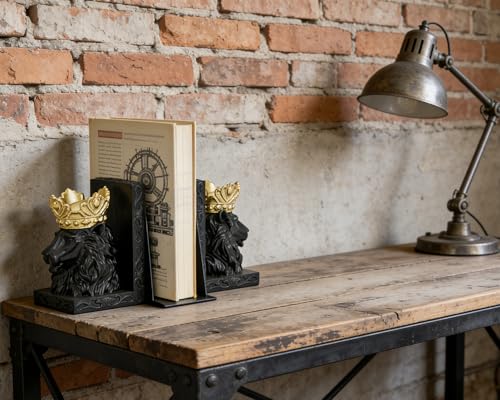 Black Lion Head Bookends with Regal Design, Solid Resin for Heavy Duty Book Support, Non-Slip Pads for Stability, Gift for Lion Enthusiasts Collectors - color: Black