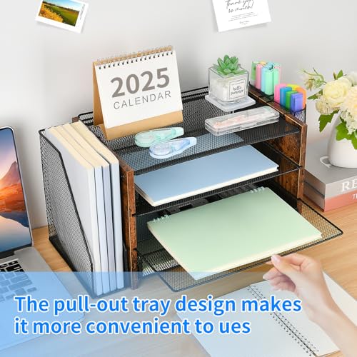 OPNICE Desk Organizer, 4-Tier Desktop File Organizer with Drawer and 2 Pen Holders, Office Desk Accessories, File Sorters, Workspace Organizers for Office Supplies(Brown Wood) - color: Brown Wood, size: 4-Tier