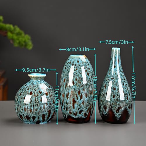 Ceramic Bud Vase Set, Fambe Blue Glazed Finish, Decorative Flower Vases (Blue-Set of 3) - color: Blue-set of 3