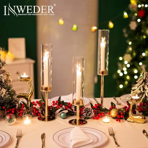 Hurricane Taper Candle Holders: Gold Glass Candlestick Holder Tall Candle Sticks Holder Decor with Glass Cover for Wedding Table Centerpiece Party Birthday Christmas Home Mantel Set of 6 - color: Gold, size: 2 Sets(6 Pcs)