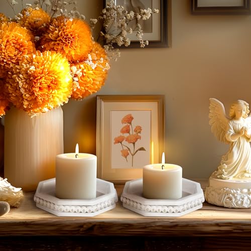 Candle Pedestal for Pillar Candle Set of 2, Rustic Round Wood Tray Beaded Risers, Farmhouse Wood Beaded Tray for Tiered Tray Candle, Mug Display Decorative, Table Centerpiece, Antique White - color: Rusticwhite-1, size: Set of 2
