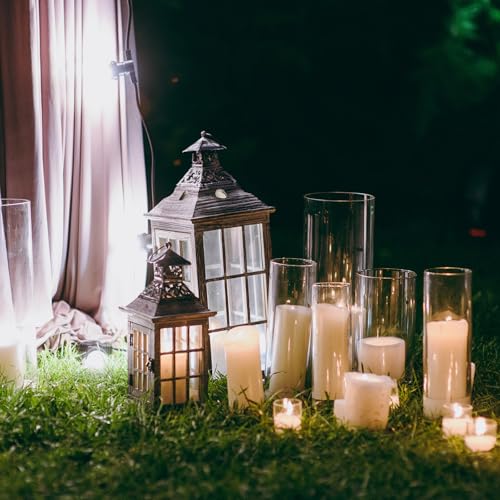 Shihanee Set of 12 Pillar Candles and Glass Cylinder Vases Assorted Sizes Cylinder Holders for Pillar Candles Home Table Centerpieces Wedding Party Decorations (White) - color: White