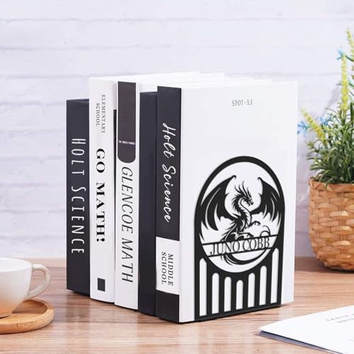 Personalized Dragon Book Ends 2 Pcs, Metal Bookends for Shelves, Custom Heavy Duty Bookends with Name, Dragon Bookshelf Decor, Book Organizer for Desk, Black Book Holders for Home Office - color: Color04 Dragon