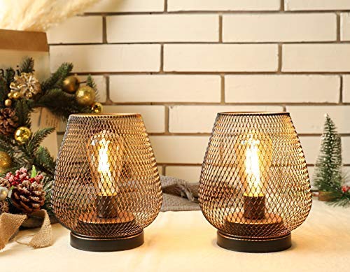 JHY DESIGN Set of 2 Metal Cage LED Lantern Battery Powered Cordless Accent Light with LED Great for Weddings Parties Patio Events for Indoors Outdoors - style: Set of two bronze egg
