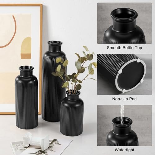 Small Black Ceramic Vase Set of 3, Boho Modern Black Flower Vase Room Decor, Farmhouse Decor, Vases for Your Kitchen, Bathroom, Bedroom, Living Room, Office&Shelf Centerpiece Table Decorations - color: Black