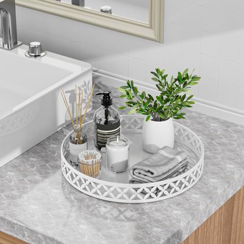 EKNITEY Bathroom Trays for Counter - 11 Inch White Decorative Tray Countertop Cosmetics Vanity Perfume Organizer Storage Tray for Bathroom - color: Floral-white