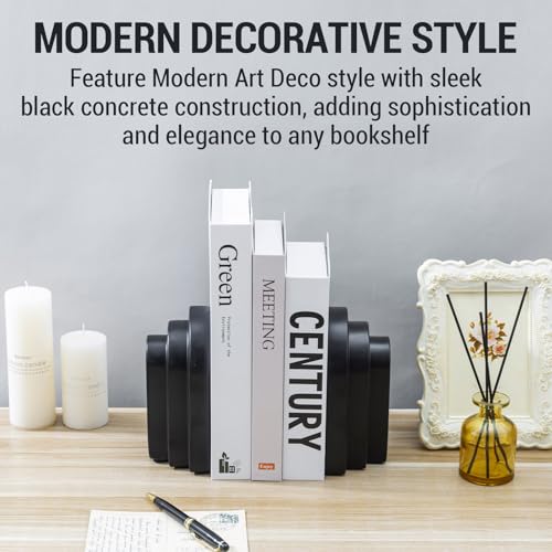 MyGift Black Concrete Bookends Decorative Arch Design, Book Ends for Heavy Books, Book Stopper for Shelves, Minimalist Home and Office Organizer, Modern Art Decor, 1 Pair