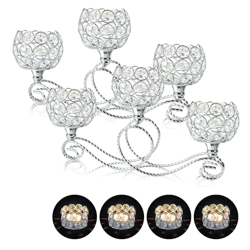Silver 2 Pcs-3Arm Metal Crystal Tea Light Candle Holder, Elegant Wedding Table Centerpiece Candle Holder, Christmas Wishing Crystal Bowl Candle Holder Suitable for Wedding Party Living Room Decoration - color: Silver, size: Set of 2