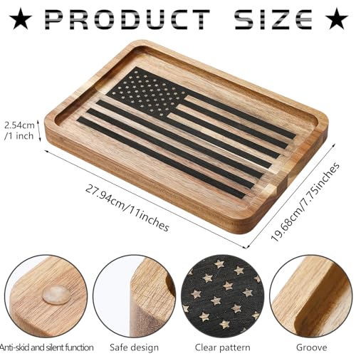 Newtay American Flag Valet Tray for Men Wood Catch All Dump Tray EDC Organizer Every Day Carry Bedside Nightstand Table Entryway Holder for Keys Wallet Watches Phones Jewelry 11 x 7.75 x 1 Inch