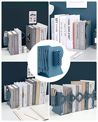 MSDADA Adjustable Bookends, Book Ends for Heavy Books, Expandable Book Organizer with Pen Holder for Desk, Shelf, Office,School, Thanksgiving for Students and Teachers (Blue) - color: Blue