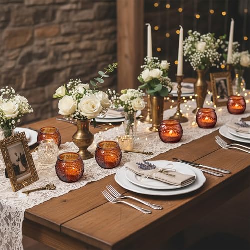 32 Pcs Amber Votive Candle Holders, Round Amber Glass Candle Holder with Polka Dot Embossed, Vintage Votive Candle Holders for Weddings, Home Decor, Baby Shower, Special Occasions - color: Amber