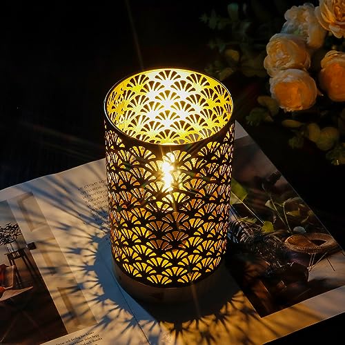 JHY DESIGN Metal Lamp Battery Powered 7.5''H Accent Cordless Lamp with 6-Hours Timer Battery Lamp for Weddings Party Patio Garden Indoors Outdoors Table Balcony（with Wooden Base） - color: Fan Patterned