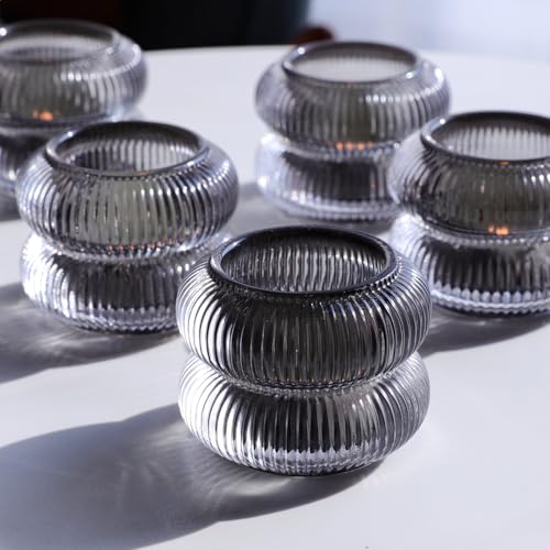 Woho Smoke Grey Votive Candle Holders Set of 6, Vintage Ribbed Tealight Candle Holder for Daily Home Decor, Classy Tea Light Candle Holder Glass for Living Room Table Decor(Grey, 2.1" H X 2.75" D) - color: Gray